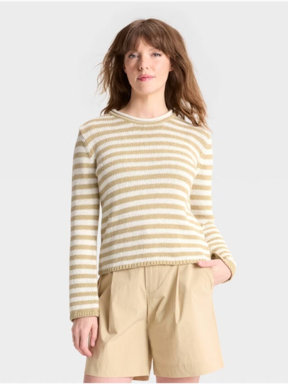 A New Day XS Womens Sweater Shrunken Crewneck Pullover Striped Tan White